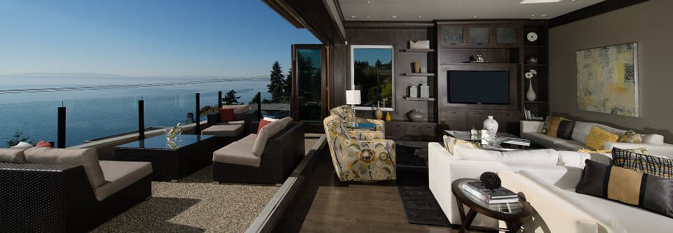 Custom terrazzo great room flooring in a Lions Bay lottery show home