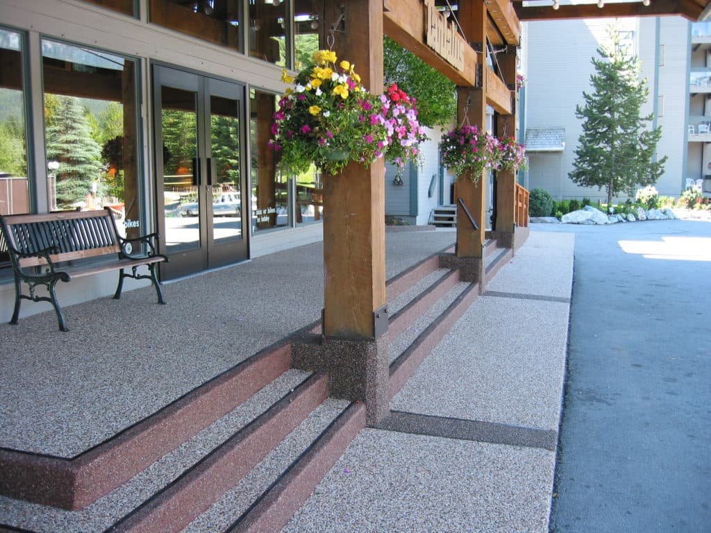 Weather-resistant precast terrazzo exterior steps at a Whistler home
